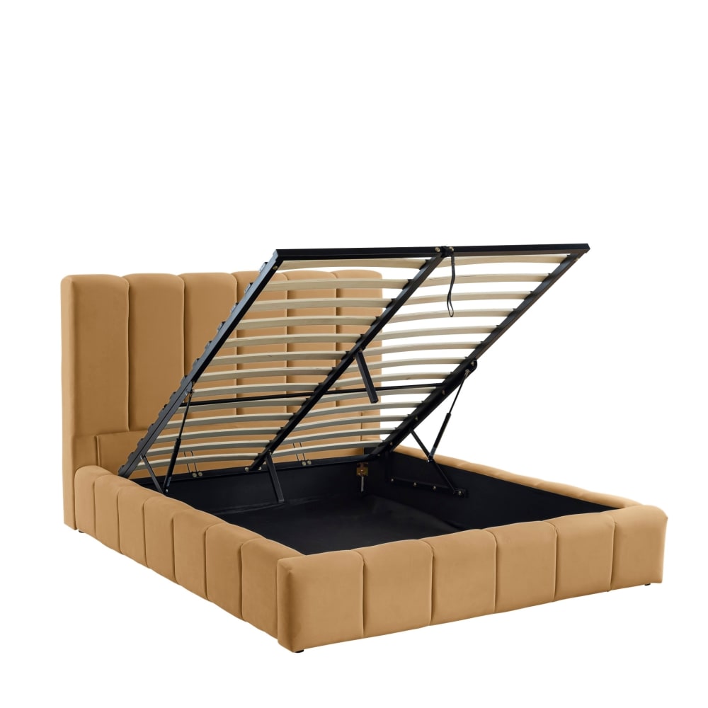 Lit coffre 140x190 en velours matelassé camel