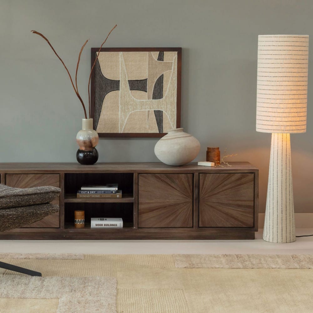Lampadaire à rayures en métal et tissu bouclette h130cm - beige — vue 3