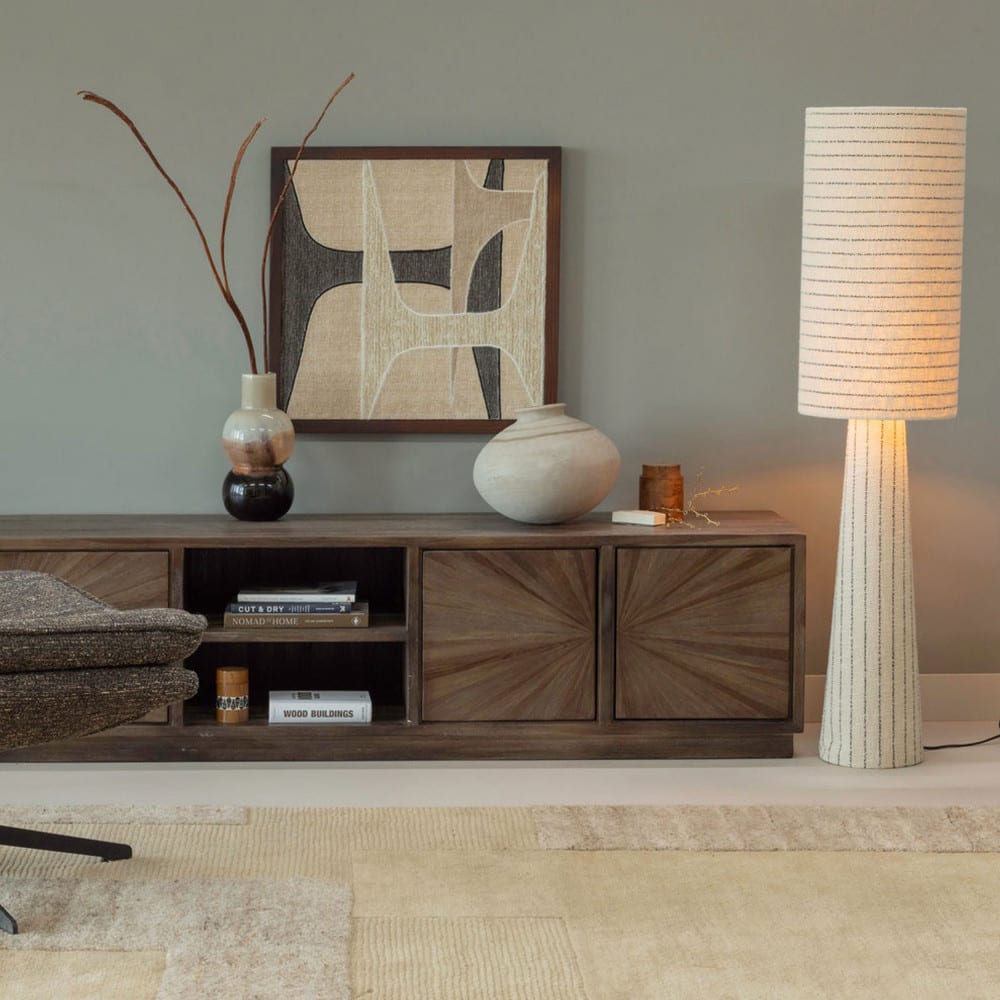 Lampadaire à rayures en métal et tissu bouclette h130cm - beige — vue 4