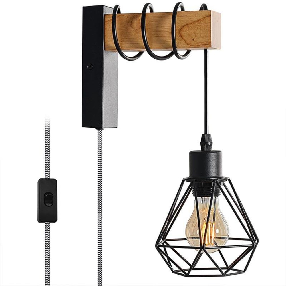 Applique murale vintage bois naturel cage noire E27