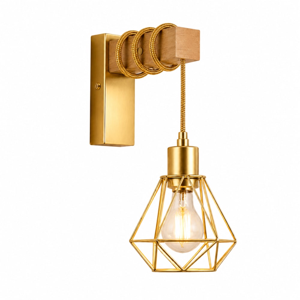 Applique murale vintage bois naturel cage dorée E27