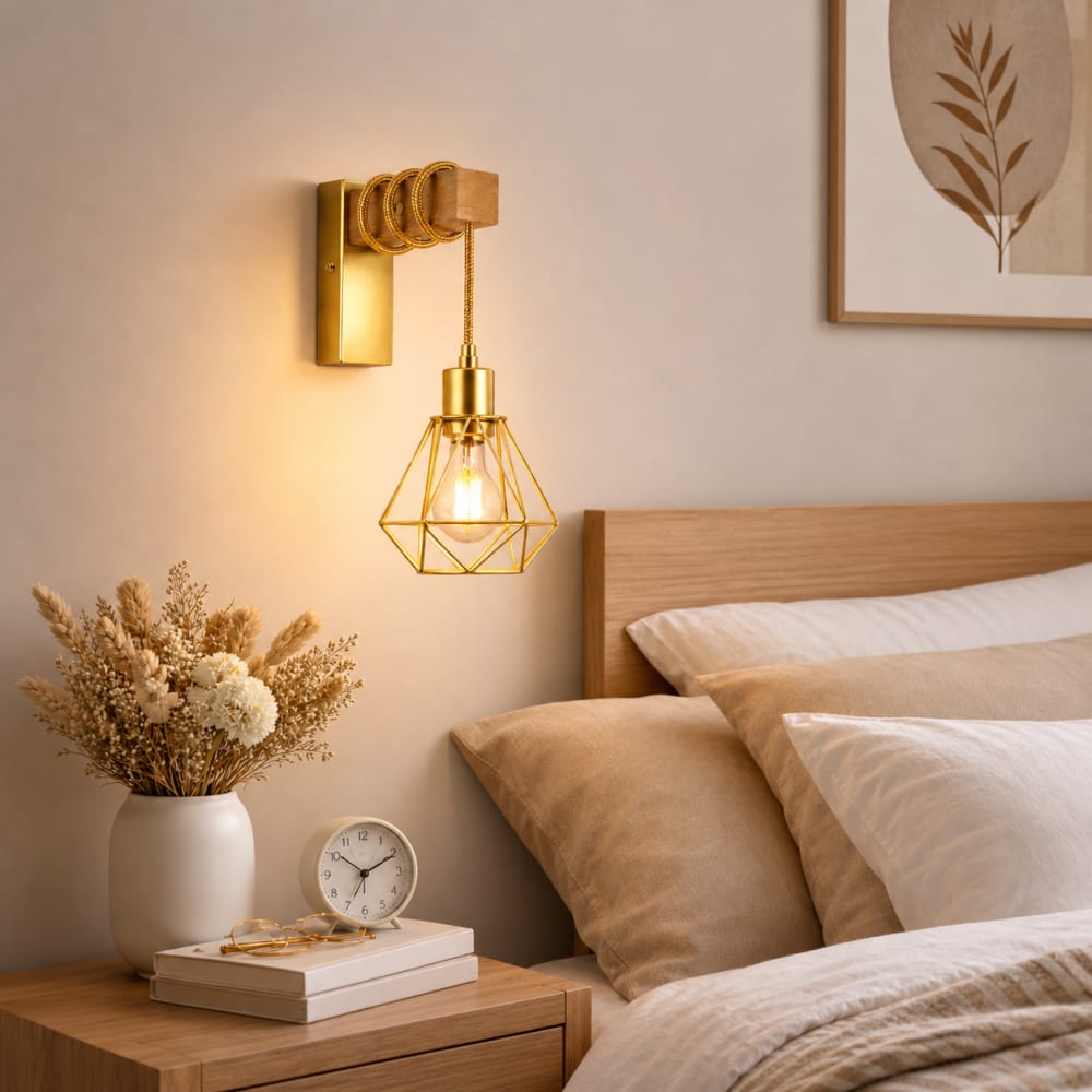Applique murale vintage bois naturel cage dorée E27 — vue 3