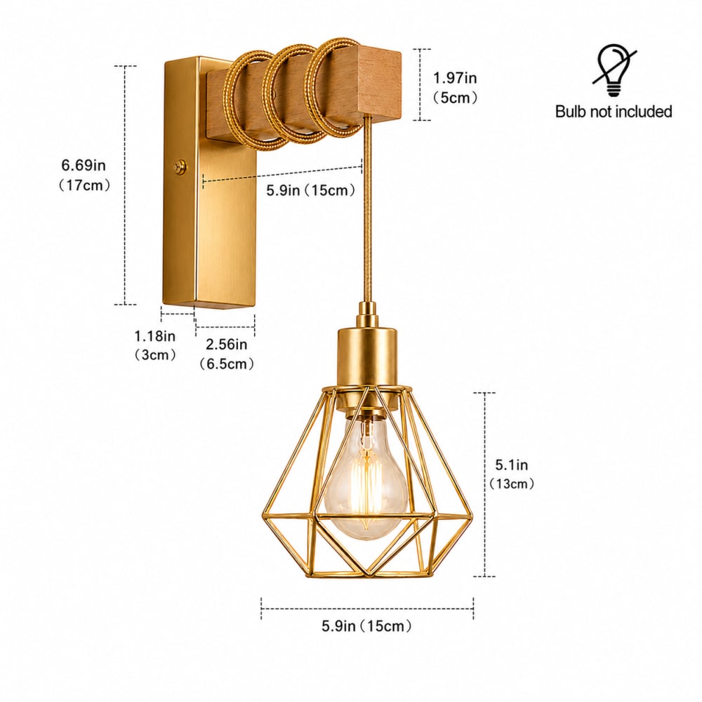 Applique murale vintage bois naturel cage dorée E27 — vue 4