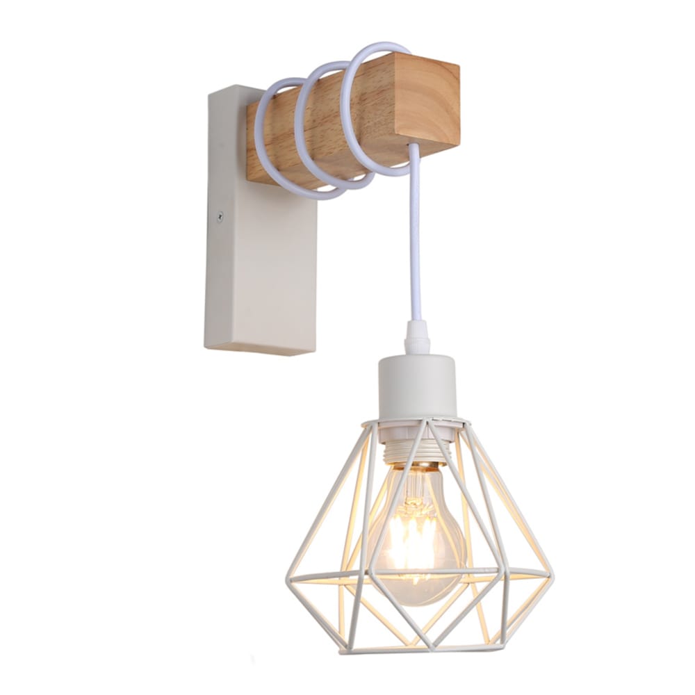 Applique murale vintage bois naturel cage blanche E27