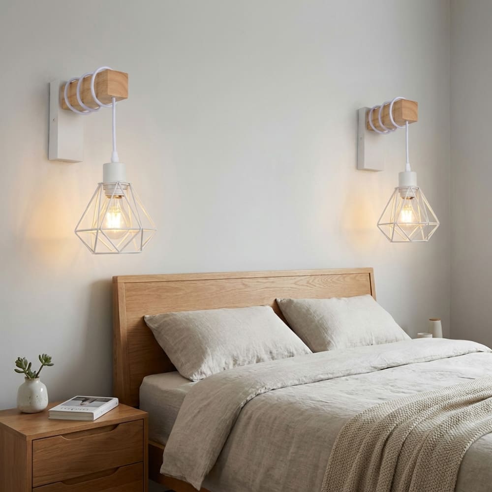 Applique murale vintage bois naturel cage blanche E27 — vue 3