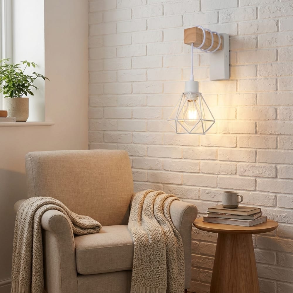 Applique murale vintage bois naturel cage blanche E27 — vue 4