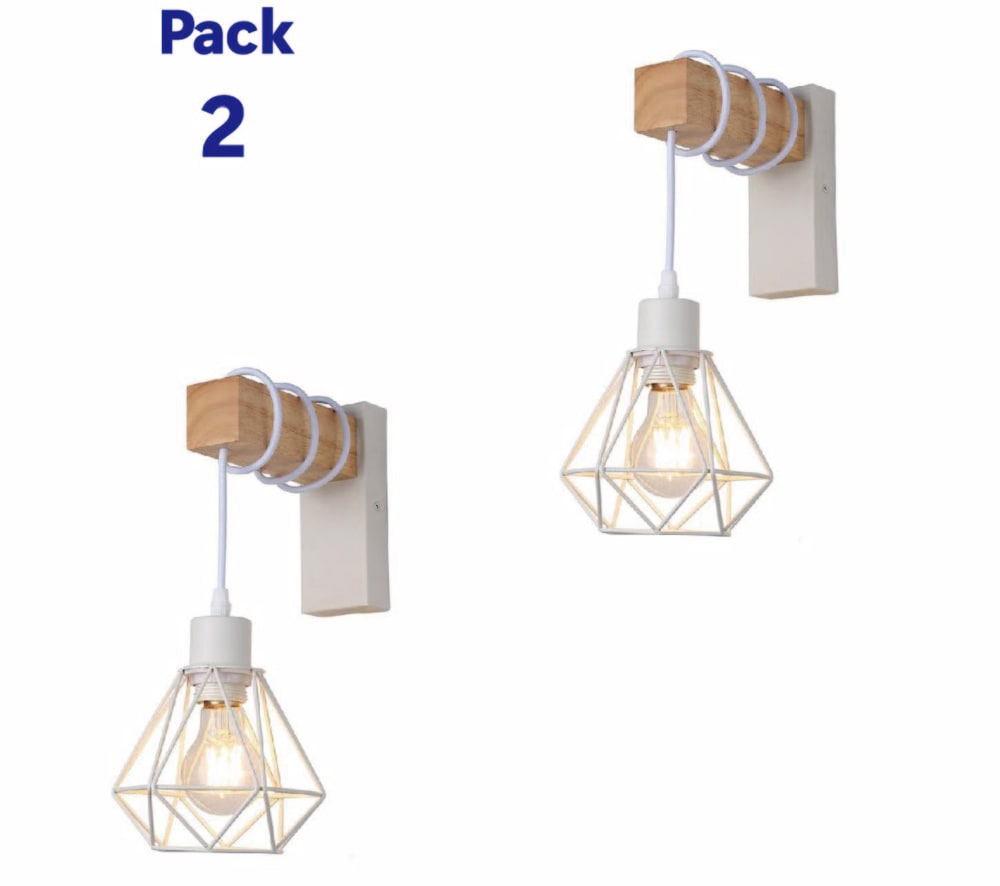 Lot 2 appliques murales vintage bois naturel cage blanche E27
