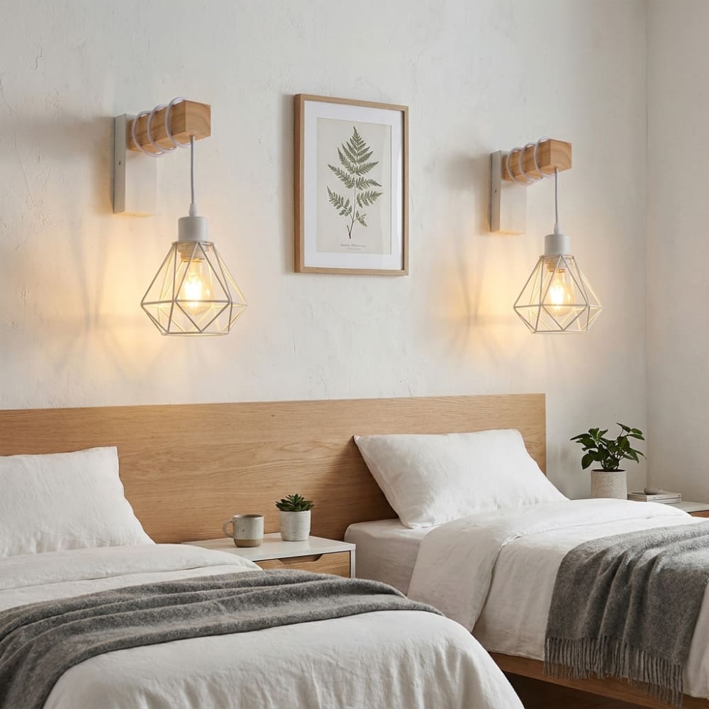 Lot 2 appliques murales vintage bois naturel cage blanche E27