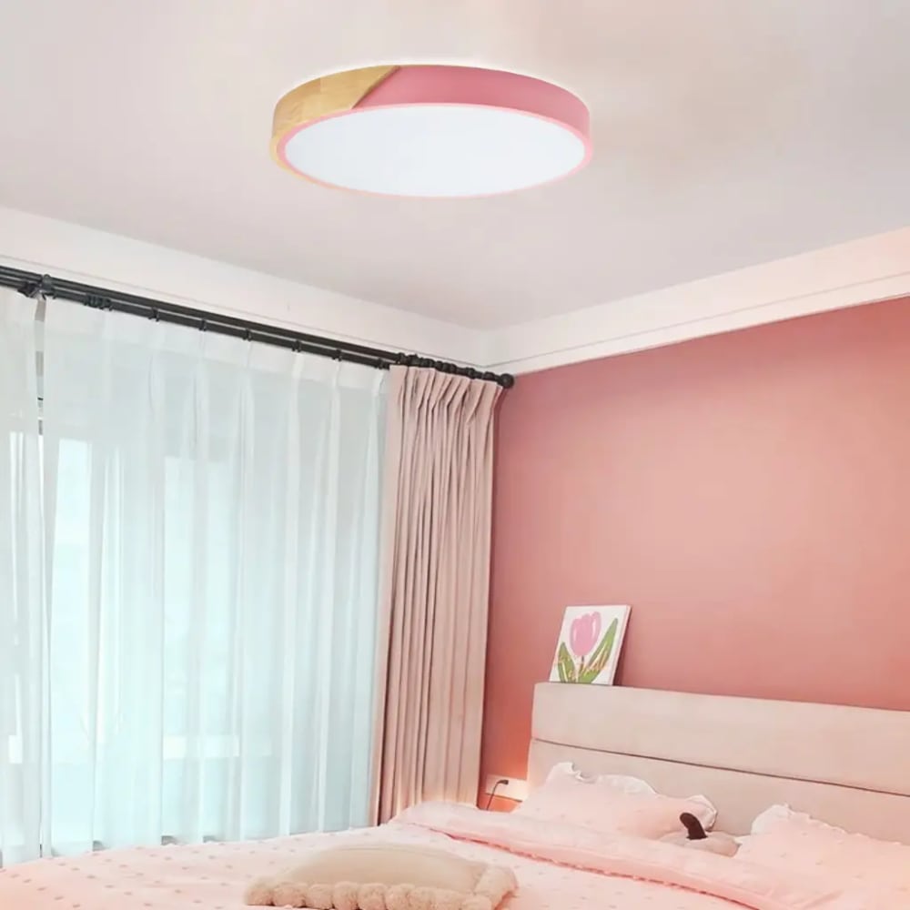 LED Deckenleuchte rund modern Metall rosa Holz natur 40 cm -