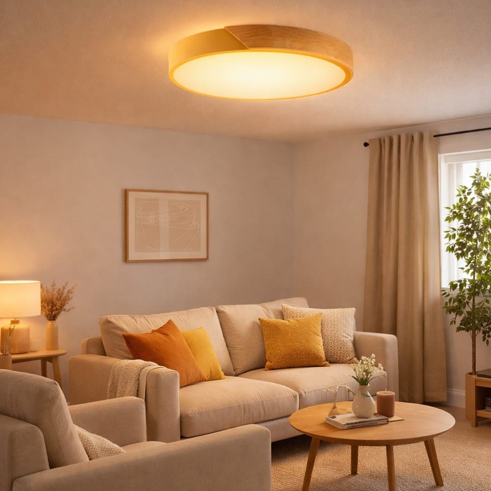 Plafonnier LED rond moderne métal jaune bois naturel 40 cm 30W CCT — vue 4