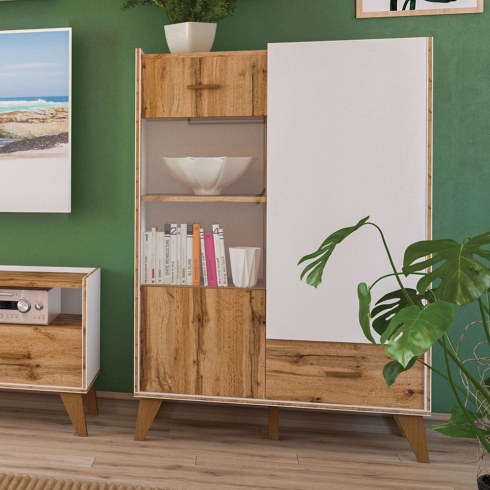 Highboard Skandi mit Türen, Schublade 81x40x132cm weiß / Eiche