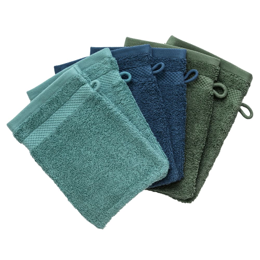 Lot de 6 gant de toilette en coton 500 g/m² bleu vert 15x21cm