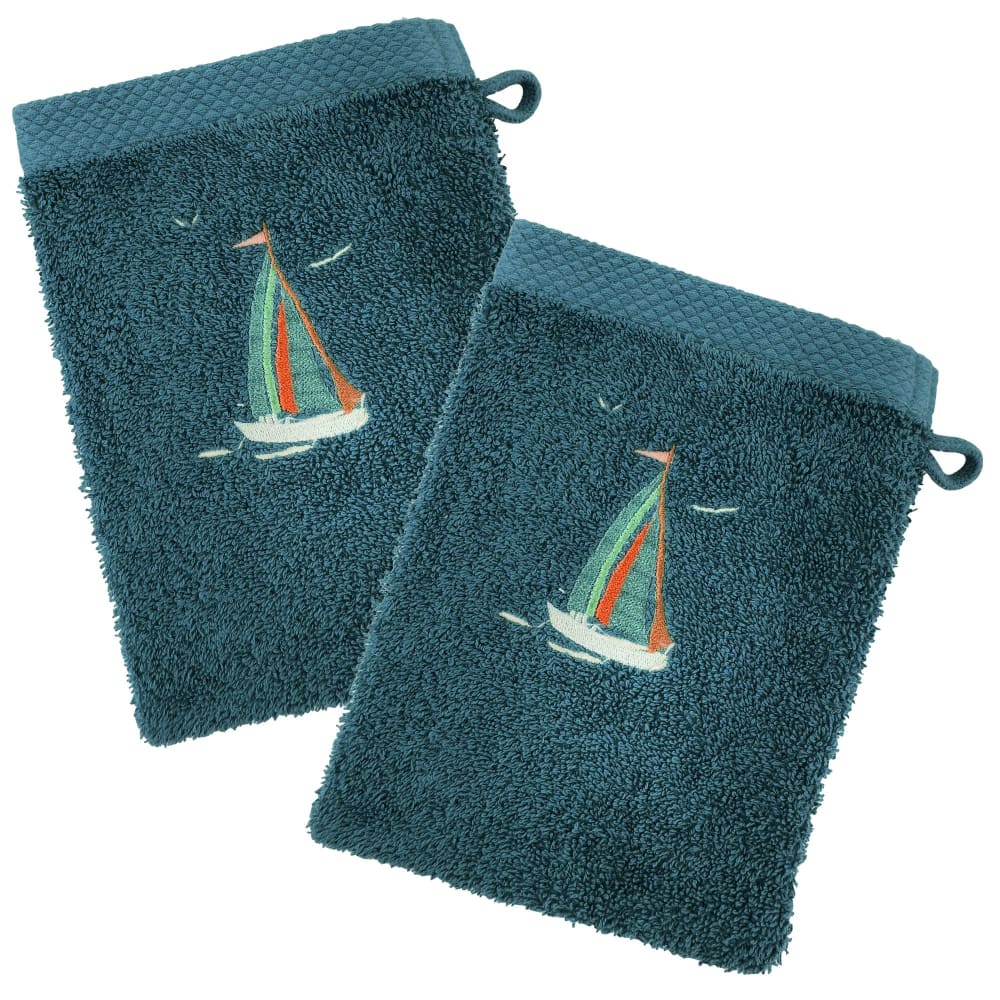 Lot de 2 gant de toilette en coton bleu paon 15x21cm
