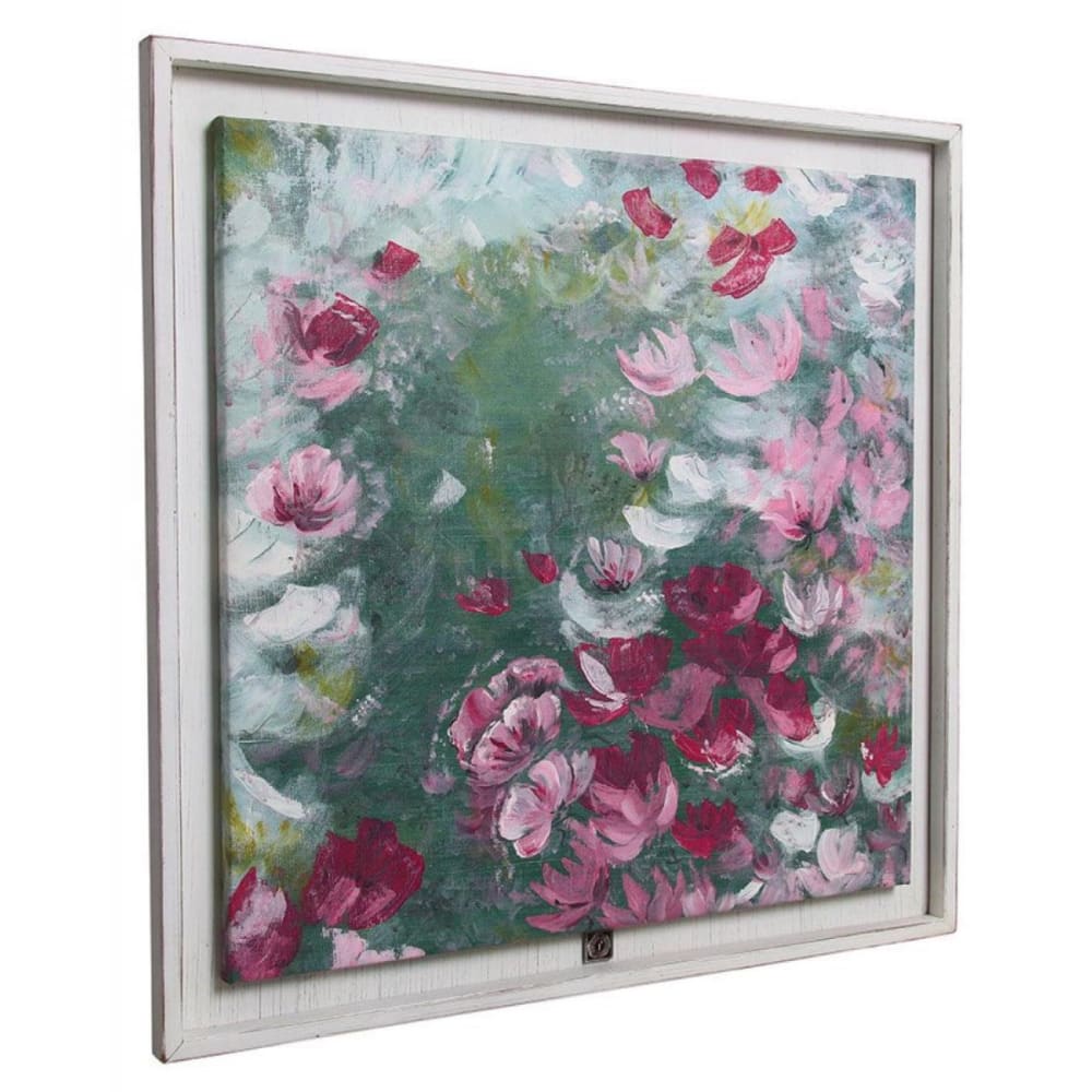 Tableau peinture à l'huile motif fleurs en bois blanc