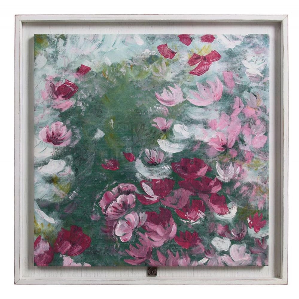 Tableau peinture à l'huile motif fleurs en bois blanc