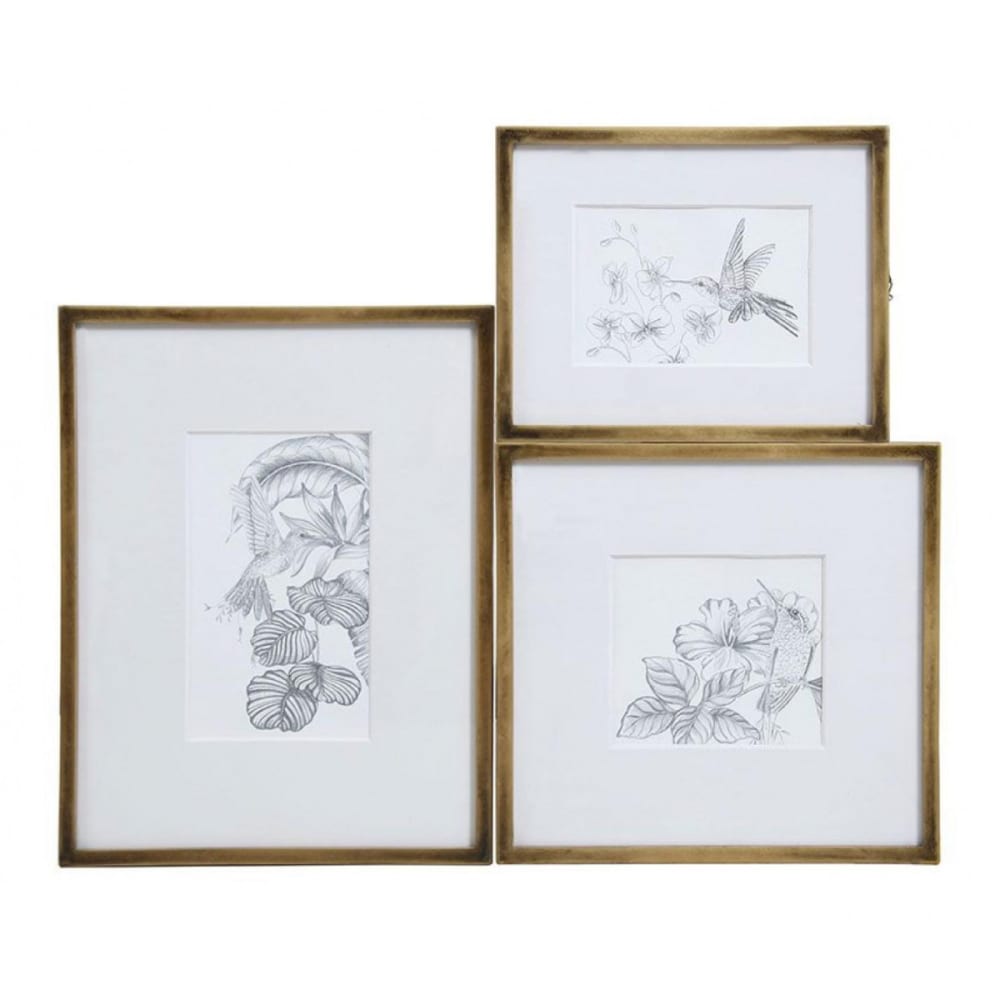 Cadre oiseaux crayonnés (set de 3) en fibres de particules or