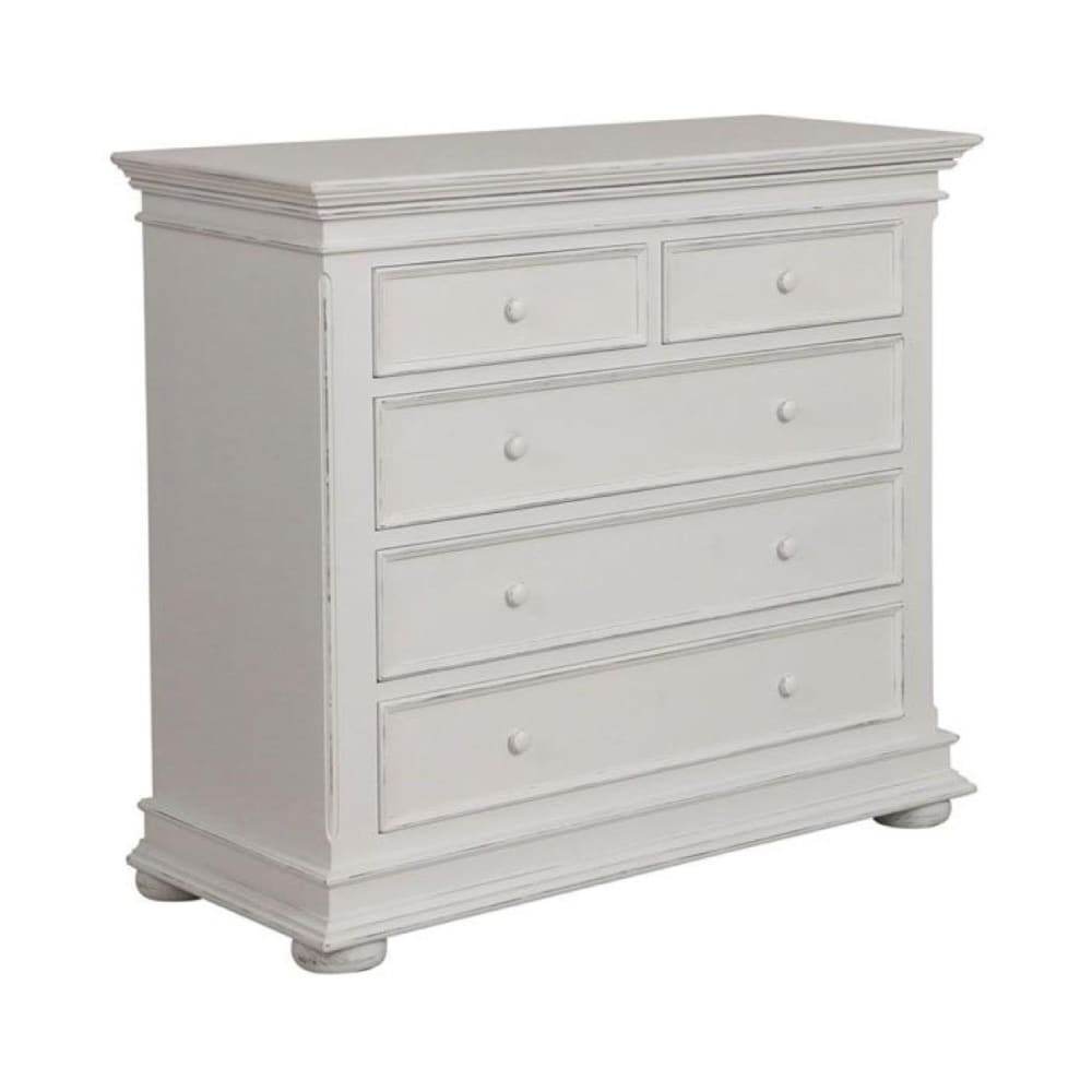 Commode 5 tiroirs pieds arrondis en bois blanc