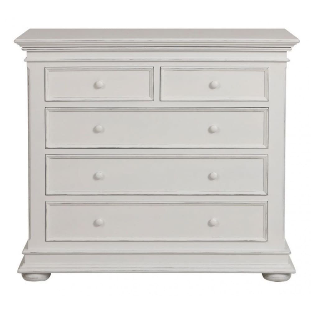 Commode 5 tiroirs pieds arrondis en bois blanc