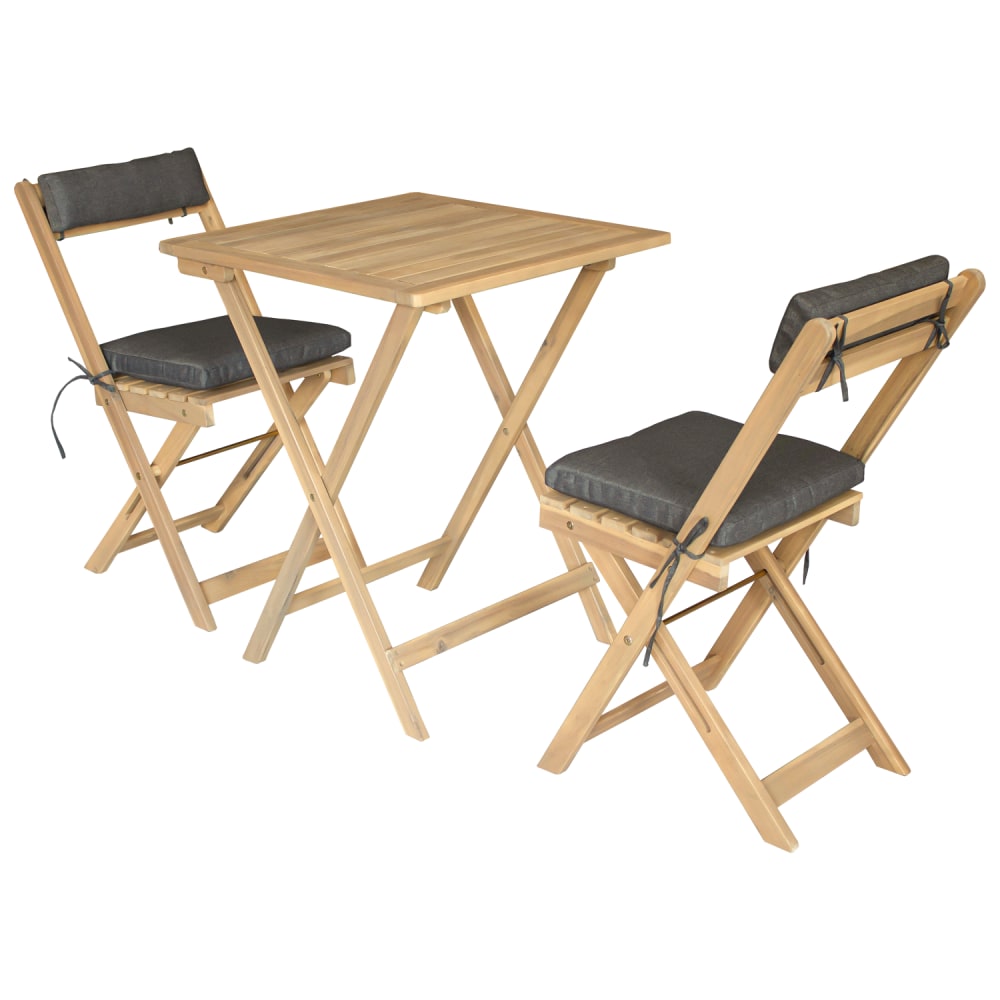 Ensemble table et chaises 2 places en acacia et coussins gris