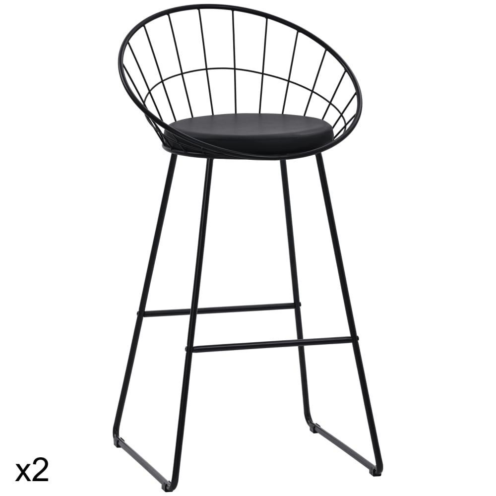 Lot de 2 tabourets de bar 75cm en métal noir et coussin noir