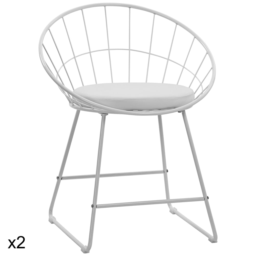 Lot de 2 chaises en métal blanc et coussin blanc
