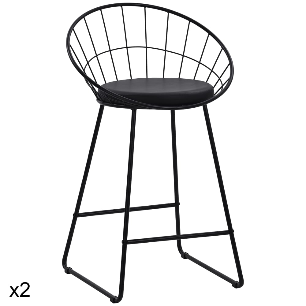 Lot de 2 tabourets de bar 65cm en métal noir et coussin noir