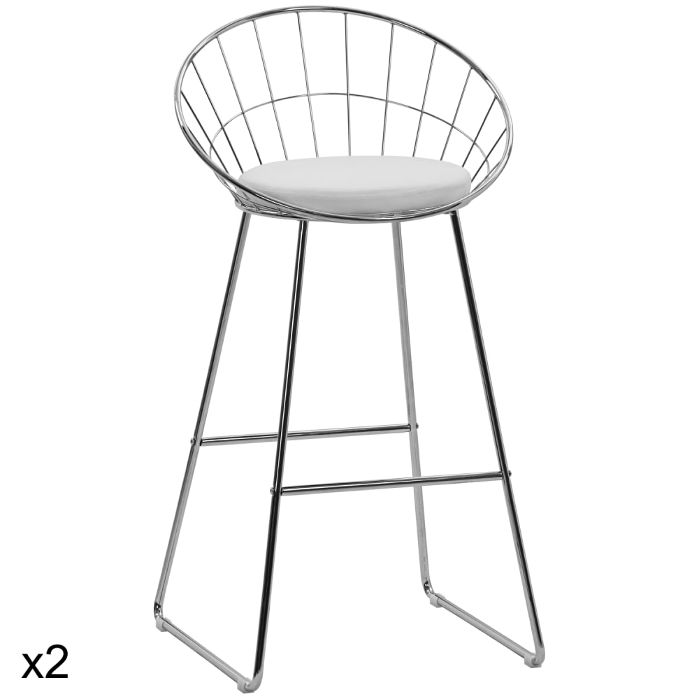 Lot de 2 tabourets de bar 75cm en métal chromé et coussin blanc