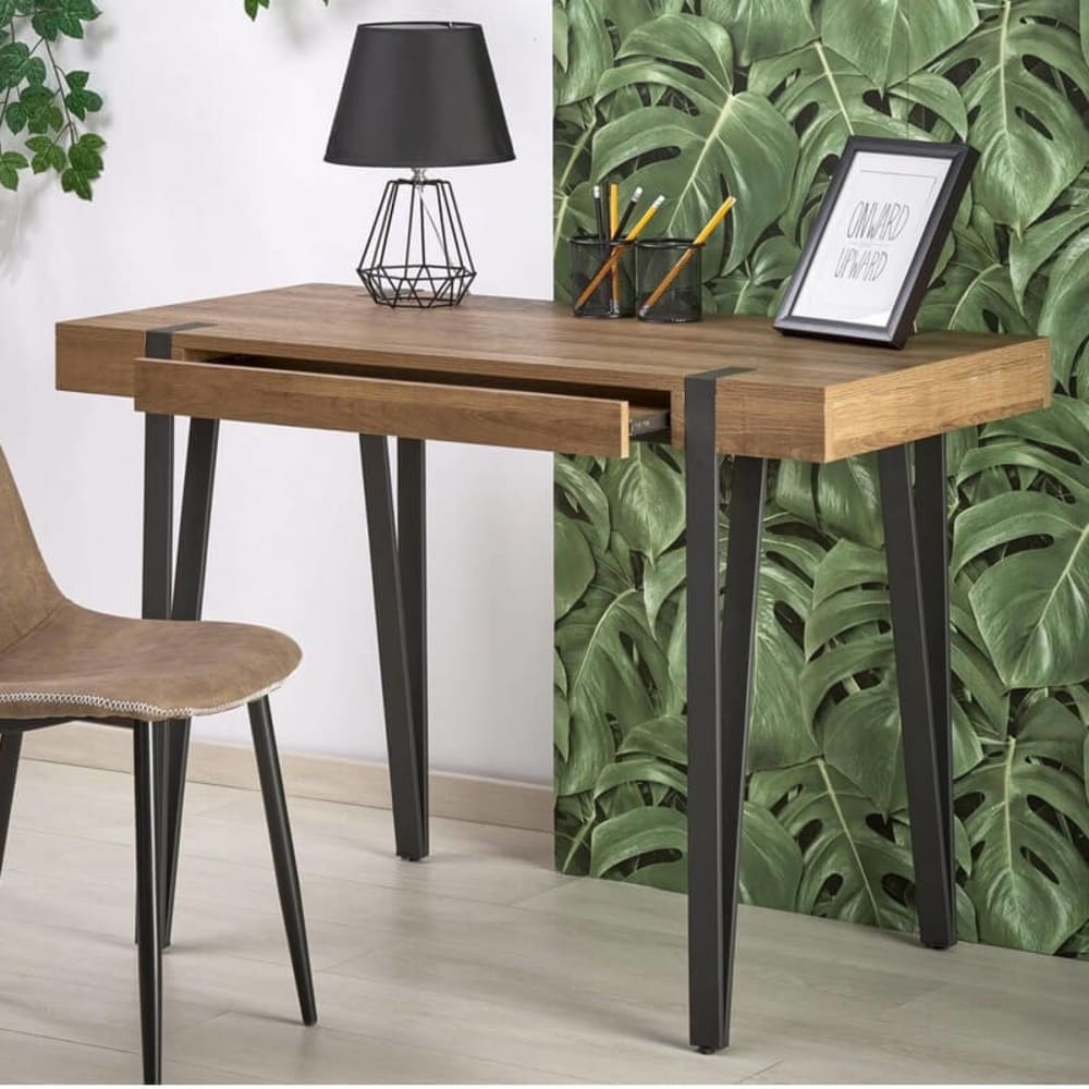Bureau  avec plateau aspect noyer et pieds en acier noir 110 x 55cm