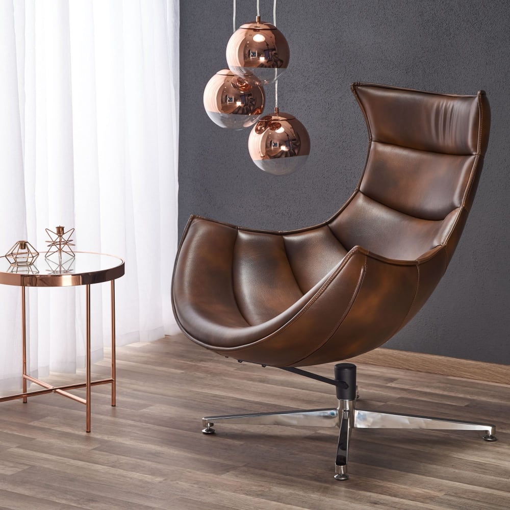 Fauteuil pivotant style cuir vieilli marron et pied en acier