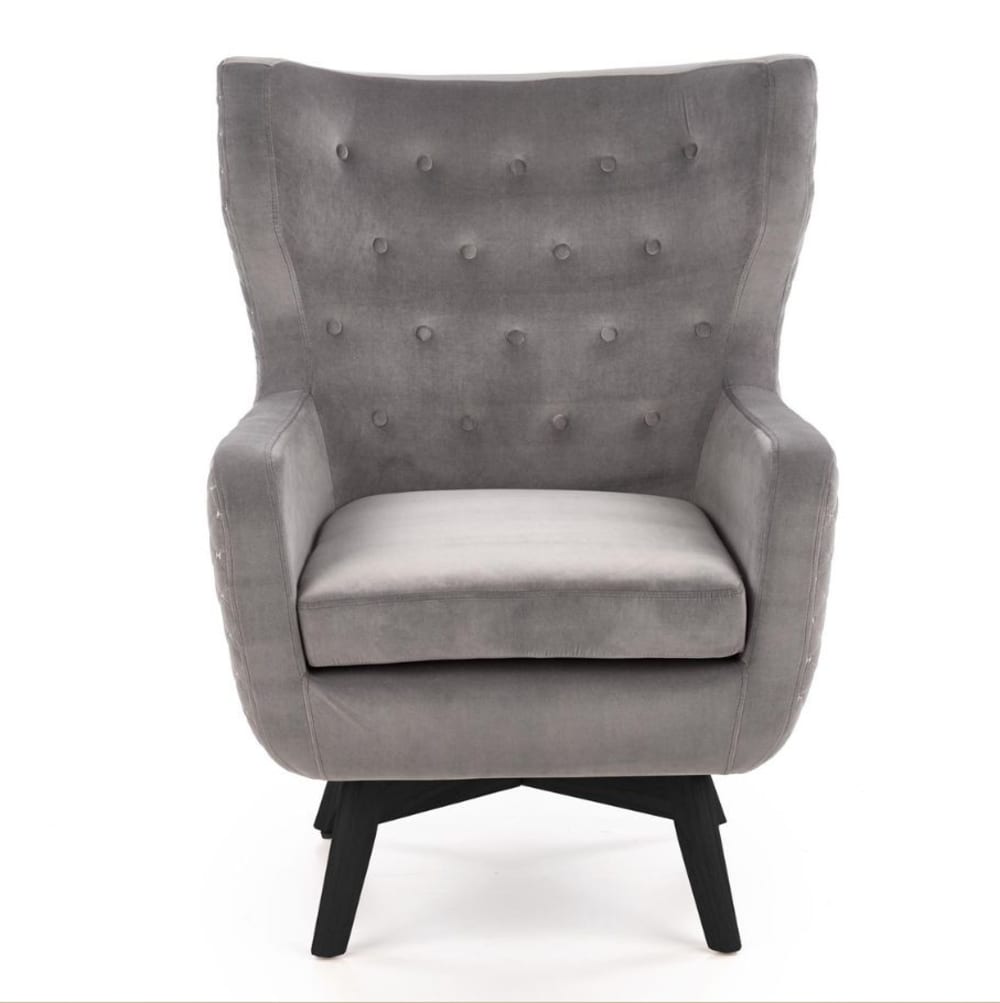Fauteuil velours de polyester gris dossier haut et pieds bois noir Fauteuil velours de polyester gris dossier haut et pieds bois noir