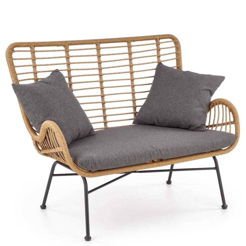 Canapé 2 personnes en rotin avec coussins en tissu de polyester gris