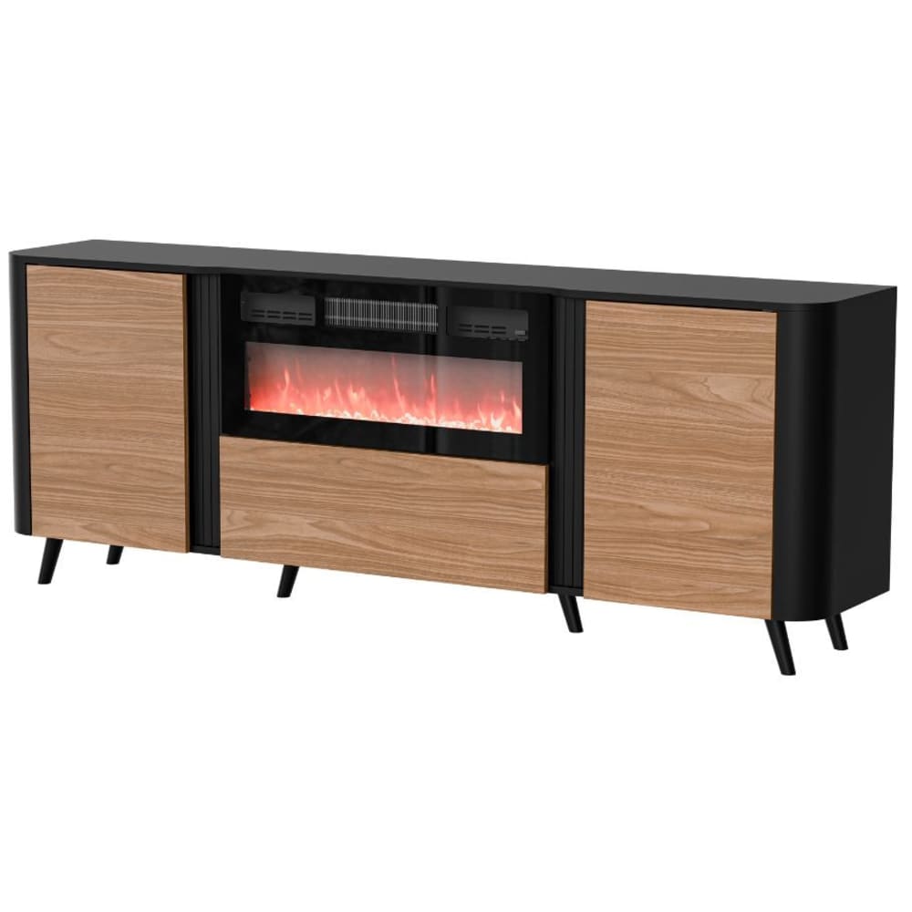Buffet noir mat et bois avec cheminée et chauffage 200cm Buffet noir mat et bois avec cheminée et chauffage 200cm