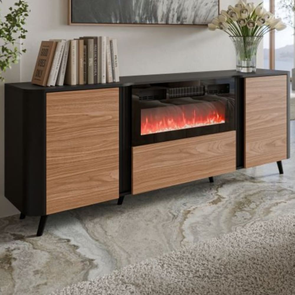 Buffet noir mat et bois  avec cheminée et chauffage 200cm