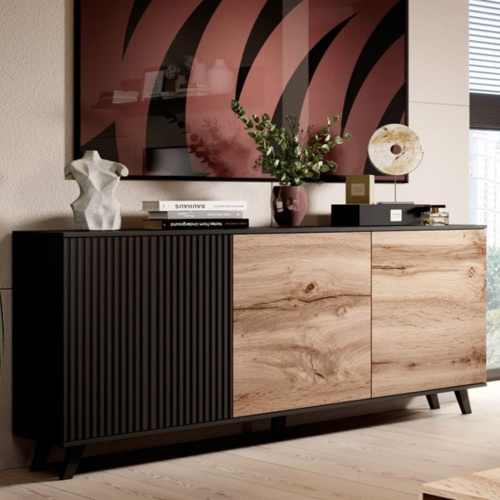 3-türiges Sideboard aus Wotan-Eiche und Schwarz, 160 cm - Maisons