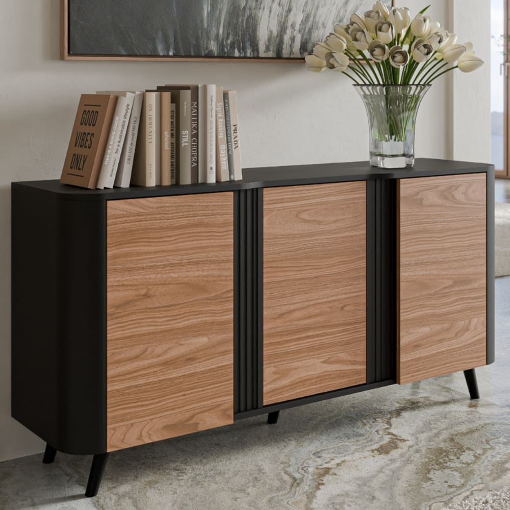Sideboard aus Schwarz und Holz – abgerundete Kanten – 3 Türen –