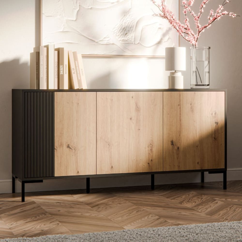 Buffet  3 portes noir et bois 150cm
