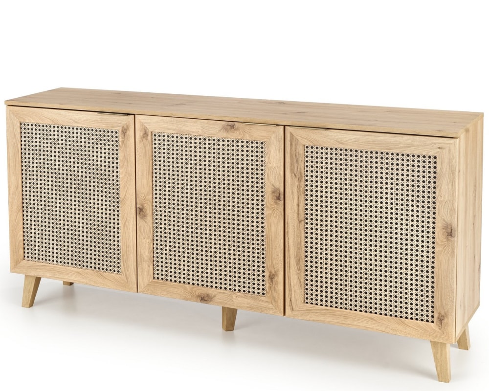 MSO 3-türiges Sideboard in Natureiche und Rattanoptik style landhaus Braun Holz