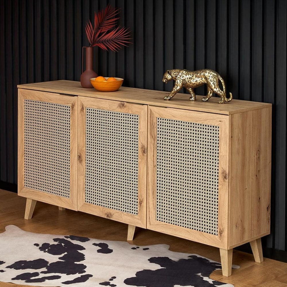 Buffet 3 portes aspect chêne naturel et rotin
