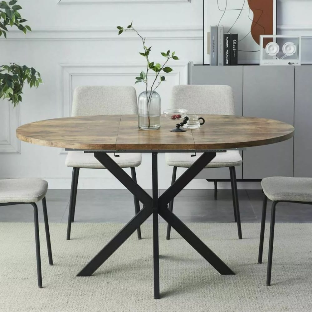Table ronde  extensible bois et noir pieds acier 100cm