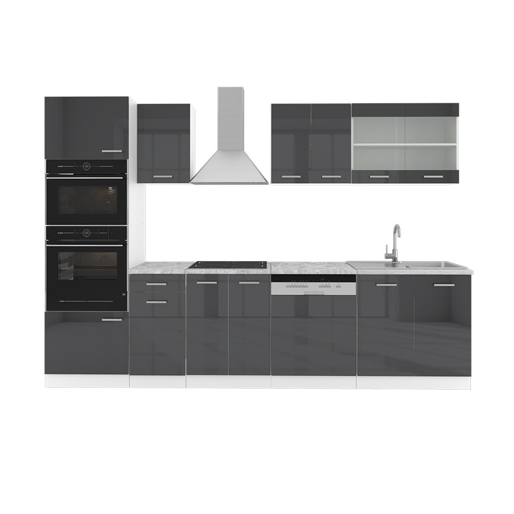 Cuisine avec armoire haute sans PT Anthracite brillant 300x81,6cm