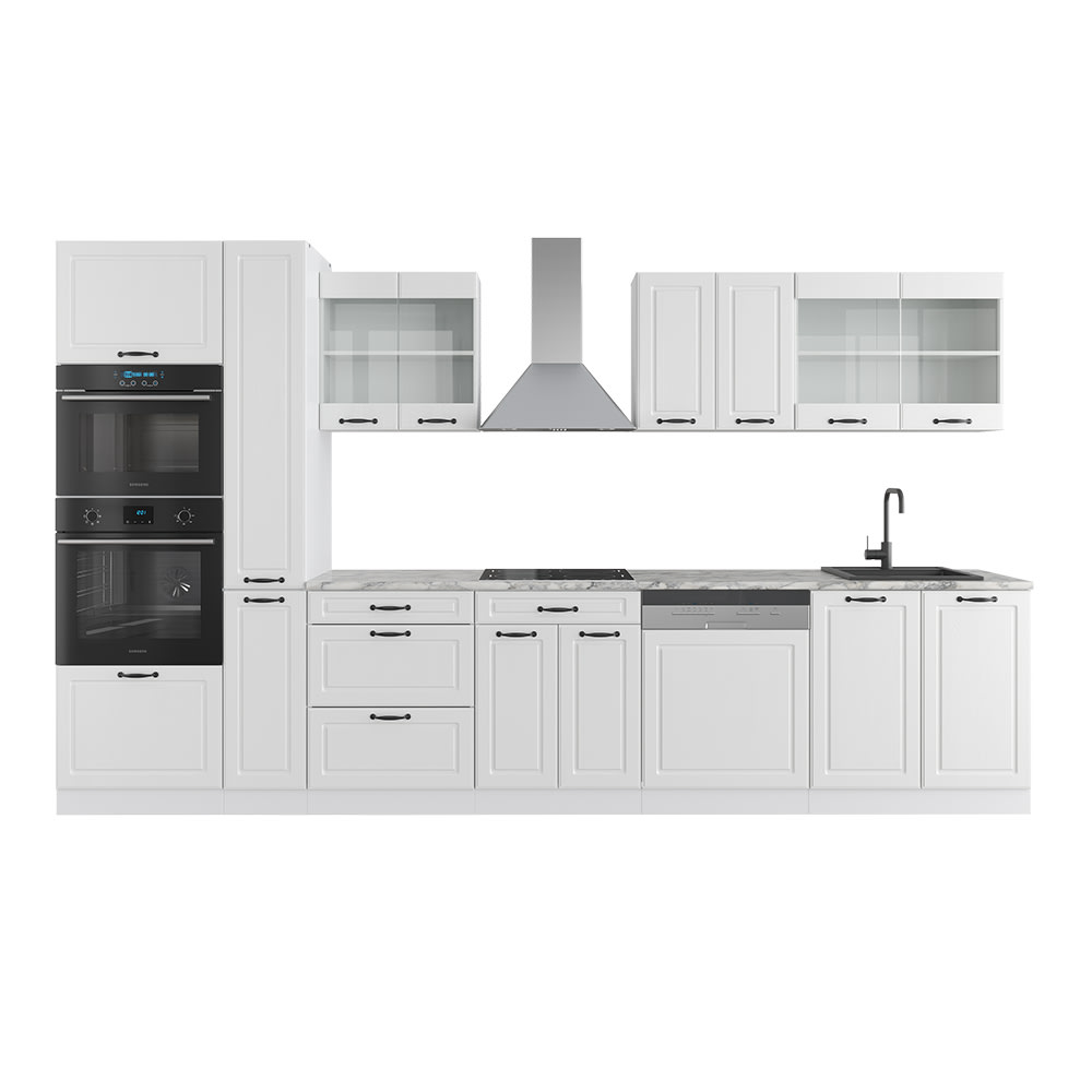 Ligne de cuisine avec armoire haute sans PT Blanc campagne 350x81,6cm