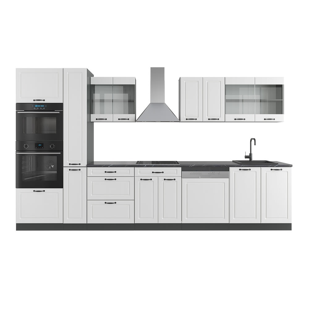 Cuisine avec armoire haute sans PT Blanc cottage 350x81,6cm