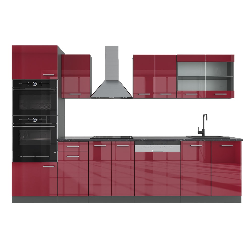 Cuisine avec armoire haute, sans PT Rouge brillant/Anthracite 300x81.6