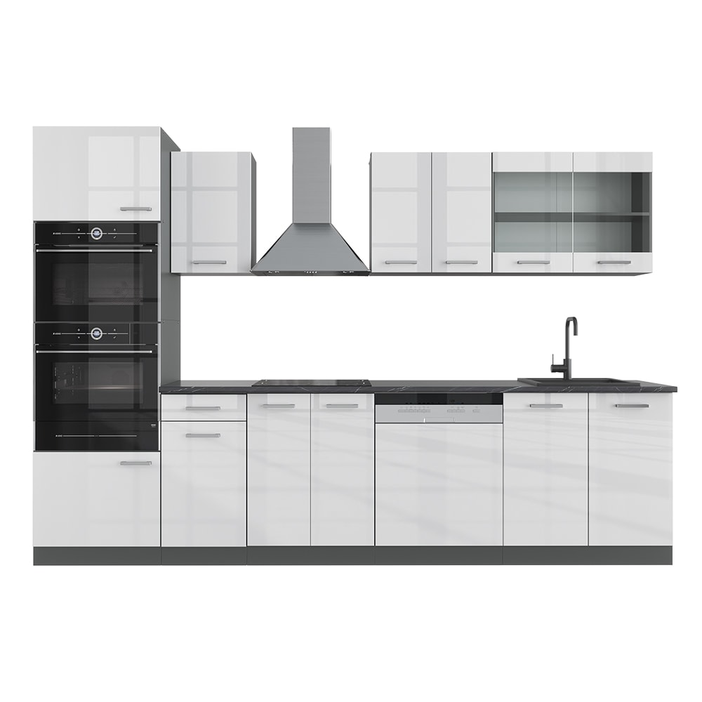 Cuisine avec armoire haute sans PT Blanc brillant 300x81,6cm