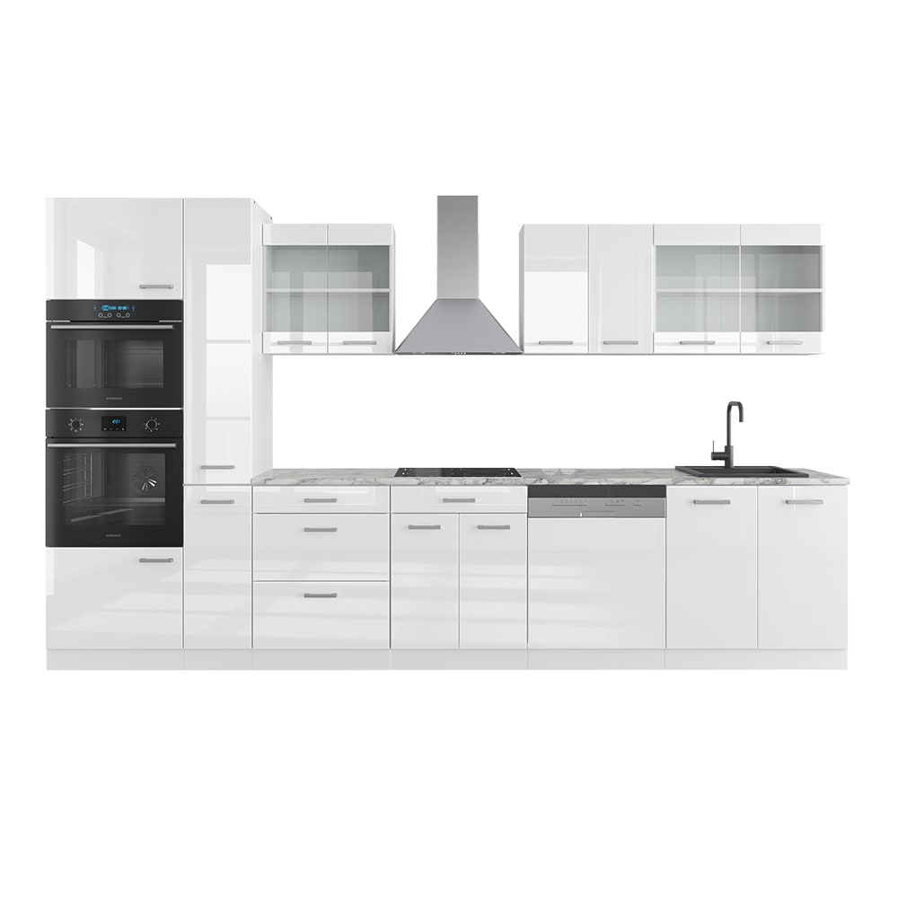 Cuisine avec armoire haute sans PT blanc brillant 350x81,6cm