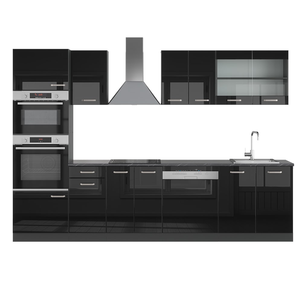 Cuisine avec armoire haute sans PT Noir brillant 300x81,6cm