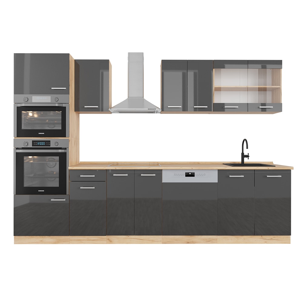 Cuisine avec armoire haute sans PT Anthracite brillant 300x81,6cm