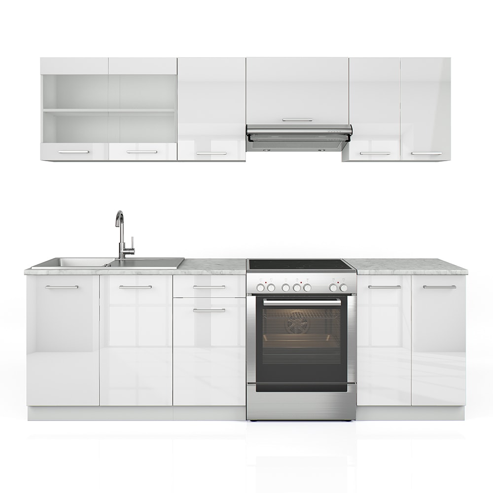 Cuisine, pt marbre blanc haute brillance/blanc 240x81.6cm