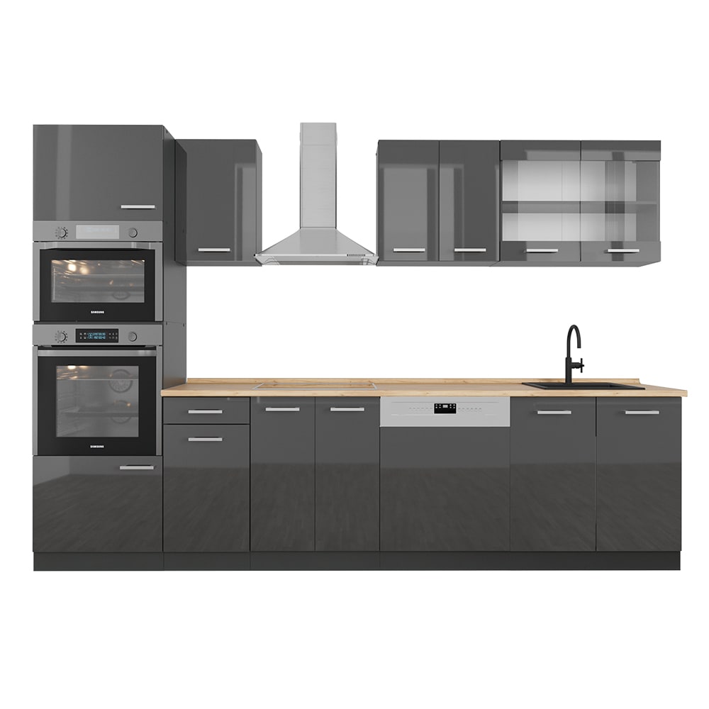 Cuisine avec armoire haute sans PT Anthracite brillant 300x81,6cm