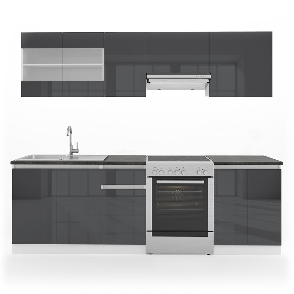 Ligne de cuisine, ap noir anthracite haute brillance/blanc 240x81.6cm